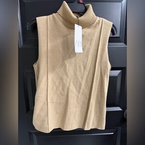 Zara Sleeveless Turtleneck Sweater Vest Camel Size Small NWT Ribbed Knit